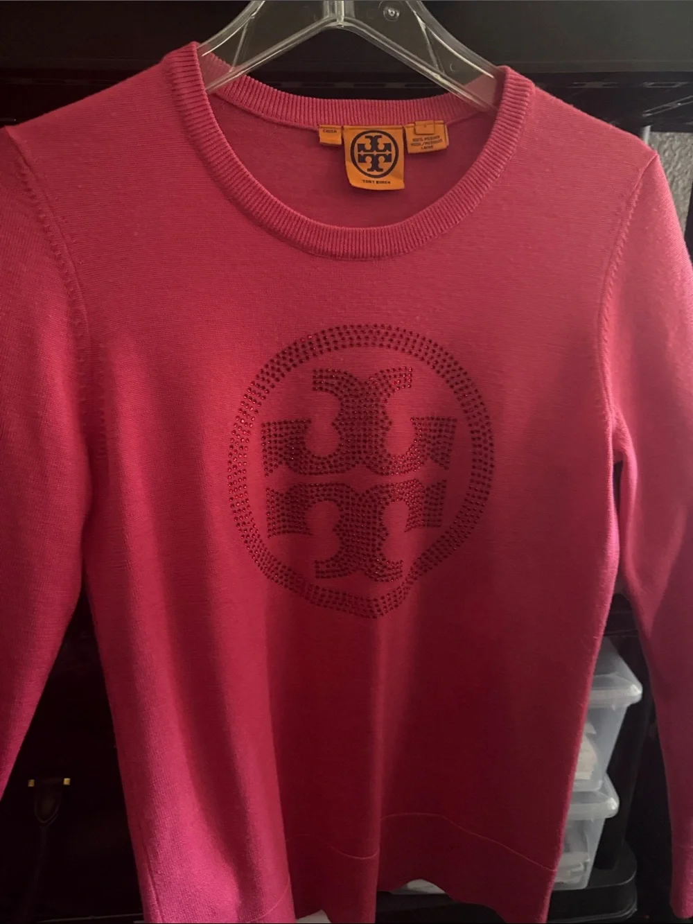 Tory Burch Fuchsia Crewneck Sweater with Studded Logo